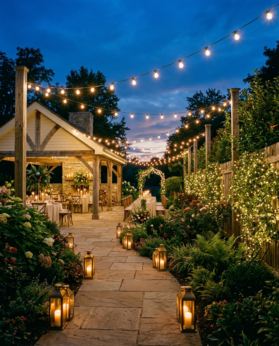 Two layers of café string lights do 40% of the wedding design work.