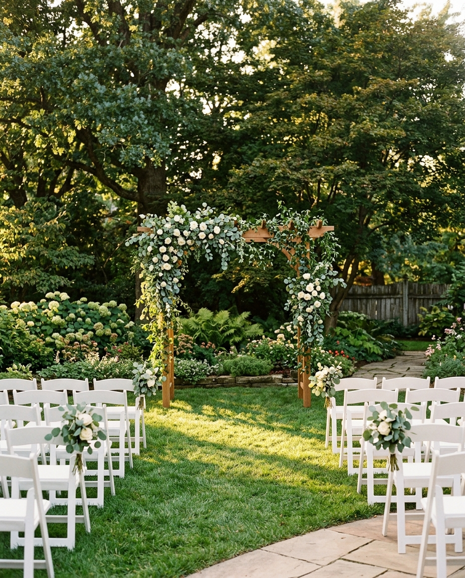 The arbor stays up after the wedding as a garden focal point.