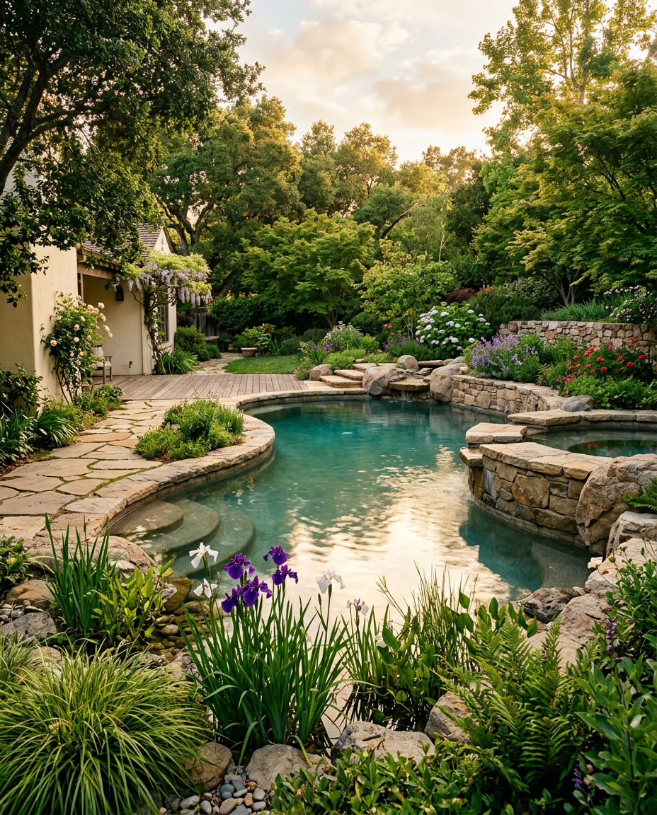 The naturalistic pool reads as part of the landscape rather than a hole in it.