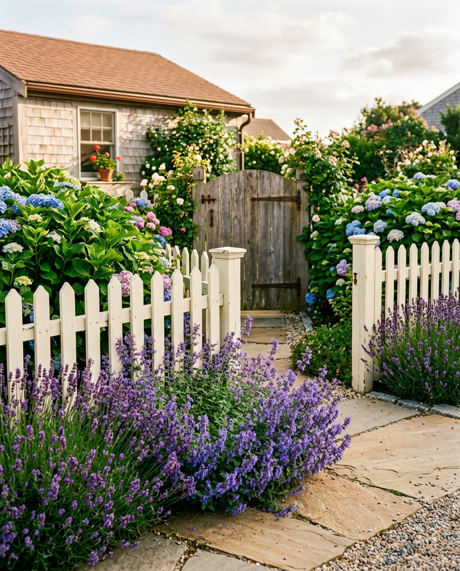 The cottage picket fence at 3 feet does the framing job a 6-foot fence can't.