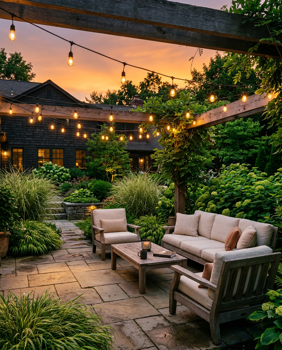 Café string lights at 8 to 9 feet do the work of an outdoor room ceiling.