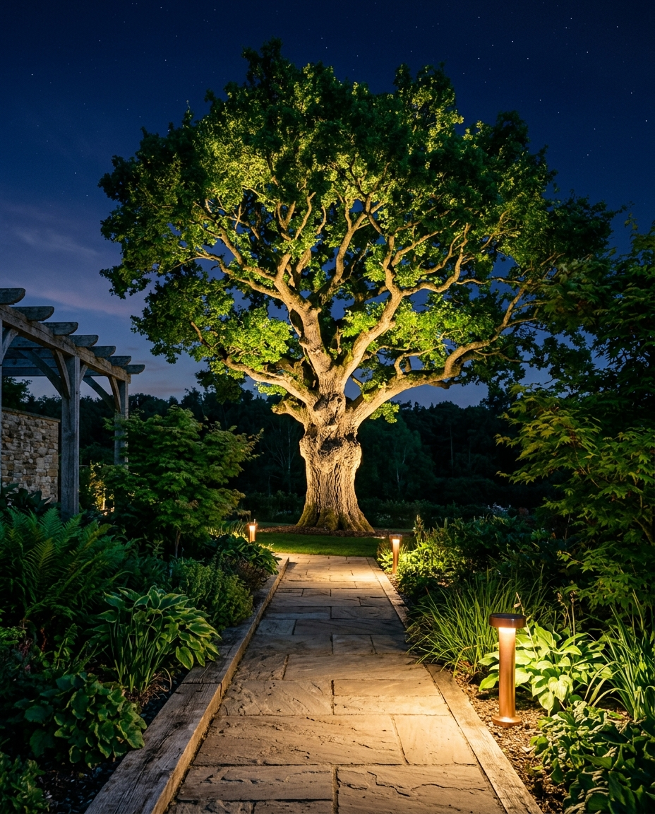 One uplit specimen tree does more visual work than ten path lights.