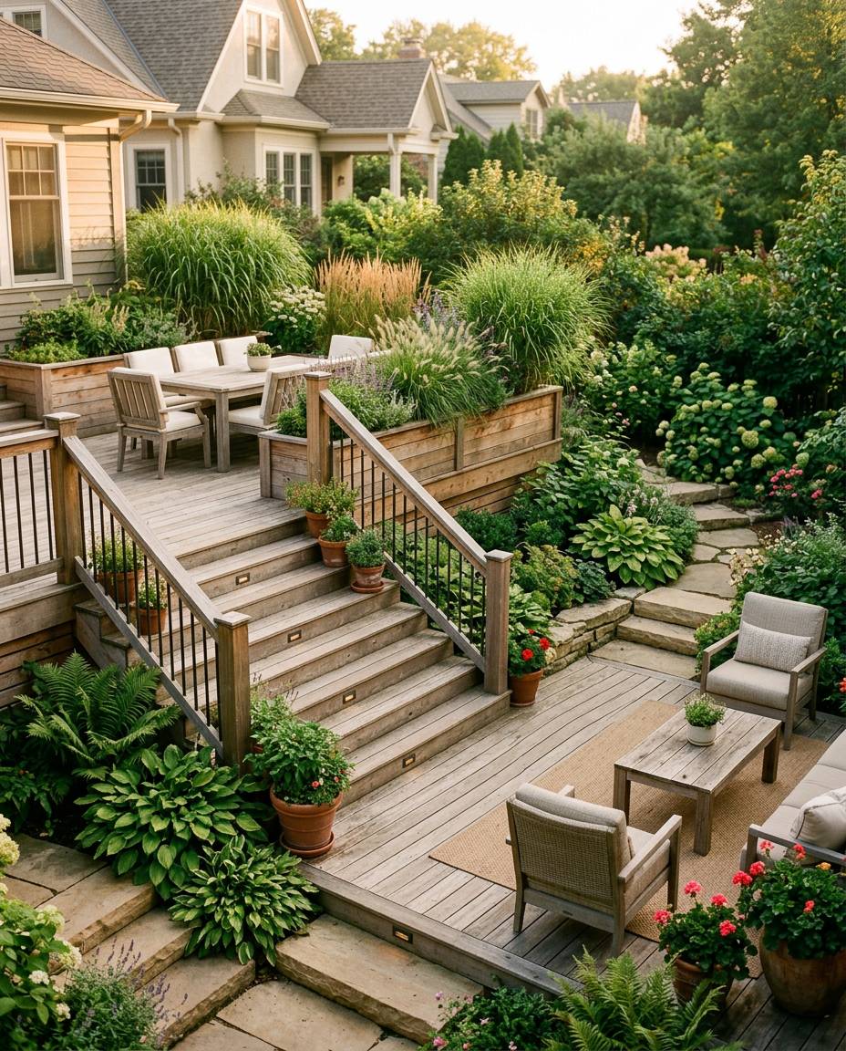 The multi-level deck reads as part of the landscape rather than perched on it.