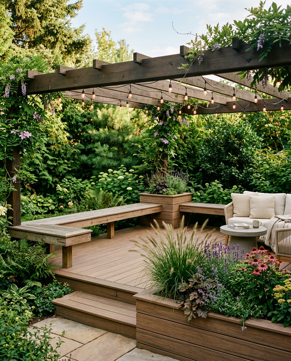 Built-in bench seating turns the deck from "platform with furniture" into "outdoor room."