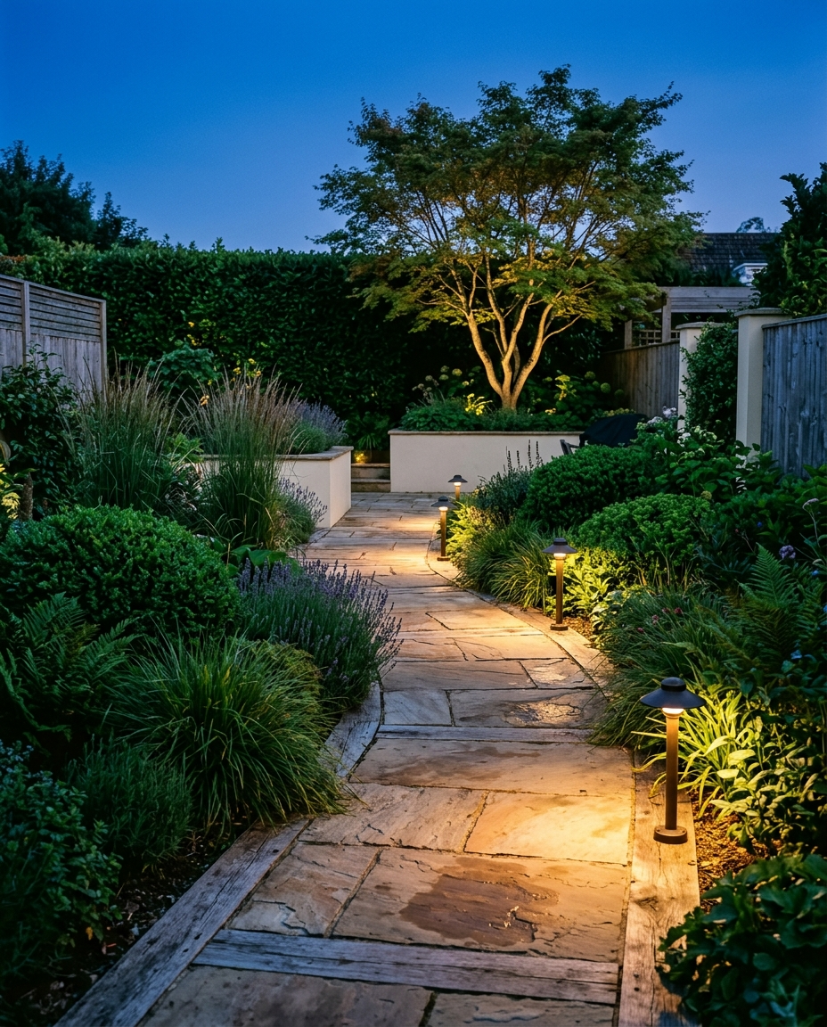 Path lighting at 2700K reads as warm rather than clinical.