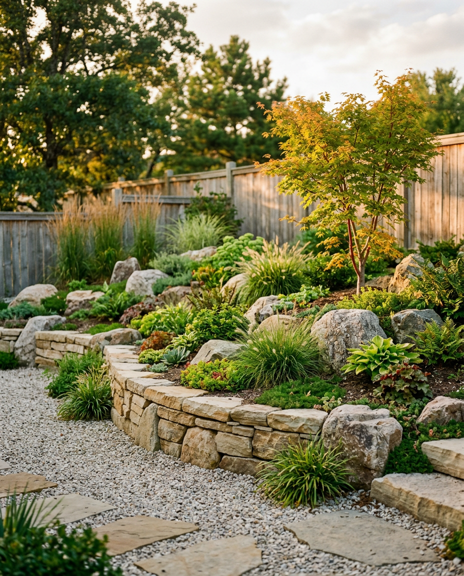 The stacked stone wall holds the design through winter when nothing else is in leaf.