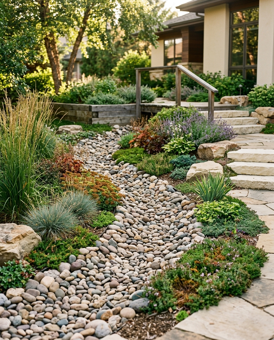 The dry creek bed reads as a designed feature and functions as actual drainage.