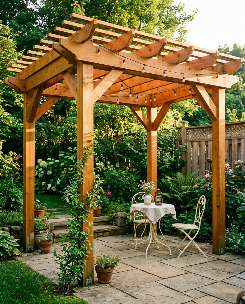 The 10x10 pergola is the bones of an outdoor room; string lights complete it.