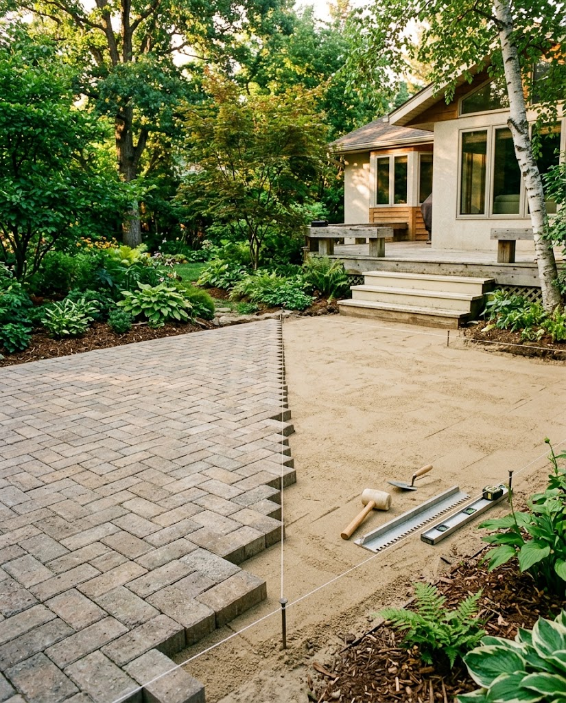 The paver patio is a weekend project if you respect the base prep.